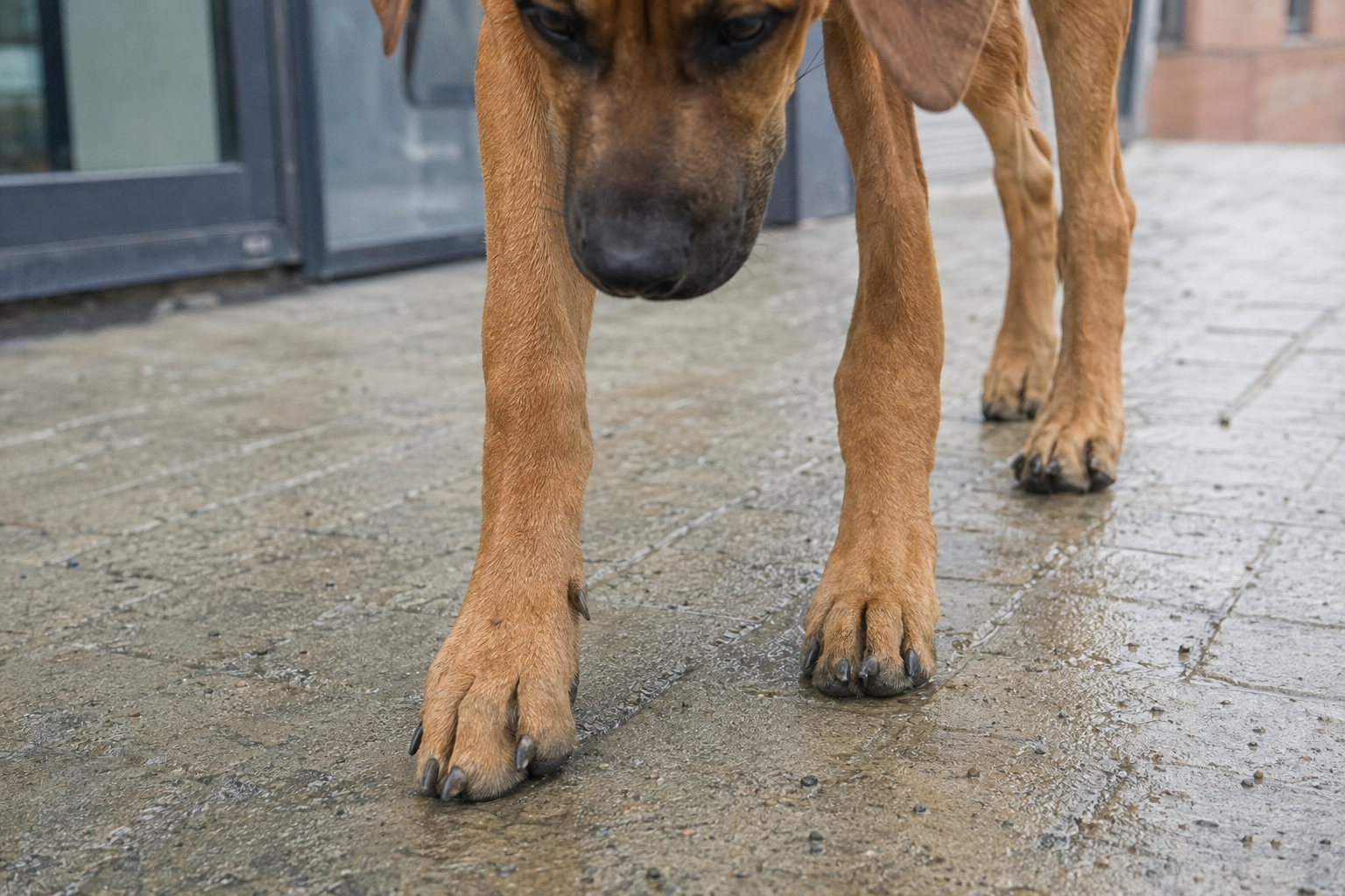 Detail předních tlapek rostoucího štěněte rhodéského ridgebacka